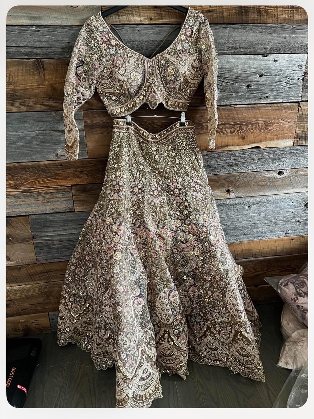 Embroidered Beige & Blush Long Sleeve Formal Dress